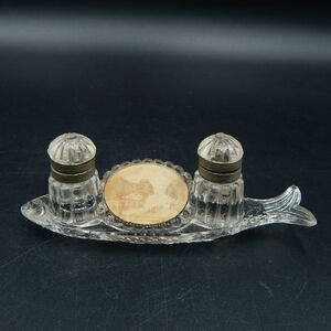 Vintage Glass Fish Shape Rotterdam Center Double Inkwells Lidded